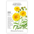 Seed packet for Double Sunburst Coreopsis illustrated with fully double, ruffled golden-yellow blooms and slender green foliage, alongside text noting it's a full-sun perennial reaching 18–24 inches tall, blooming summer to frost, drought-tolerant and deer resistant.