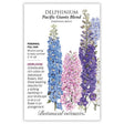 Seed packet for Delphinium Pacific Giants Blend illustrating tall spikes of densely clustered blue, pink, purple, and white florets, with printed text noting it's a heirloom perennial for full sun, blooming spring to early summer, growing 3 to 6 feet tall.