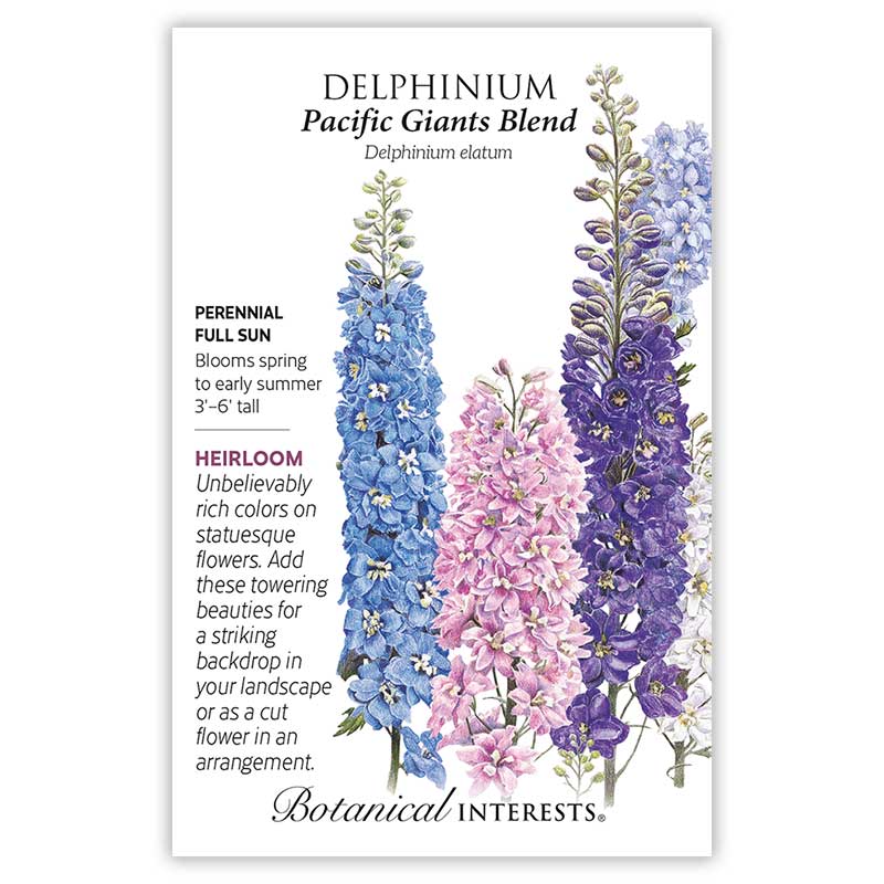 Seed packet for Delphinium Pacific Giants Blend illustrating tall spikes of densely clustered blue, pink, purple, and white florets, with printed text noting it's a heirloom perennial for full sun, blooming spring to early summer, growing 3 to 6 feet tall.