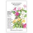 Seed packet for Marvel of Peru Four O'Clock featuring a botanical illustration of trumpet-shaped pink, white, red, and yellow flowers among green leaves, with text noting it's a heirloom tender perennial grown as an annual, full sun to part shade, blooming summer to frost at 24–48 inches tall.