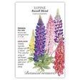 Seed packet for Russell Blend Lupine featuring an illustration of tall flower spikes in yellow, blue, pink, purple, and red, with text noting it's a perennial, full sun, heirloom variety blooming late spring to summer at 3'–4' tall.