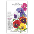 Seed packet for Pansy Swiss Giants Blend with colorful pansies and botanical information.