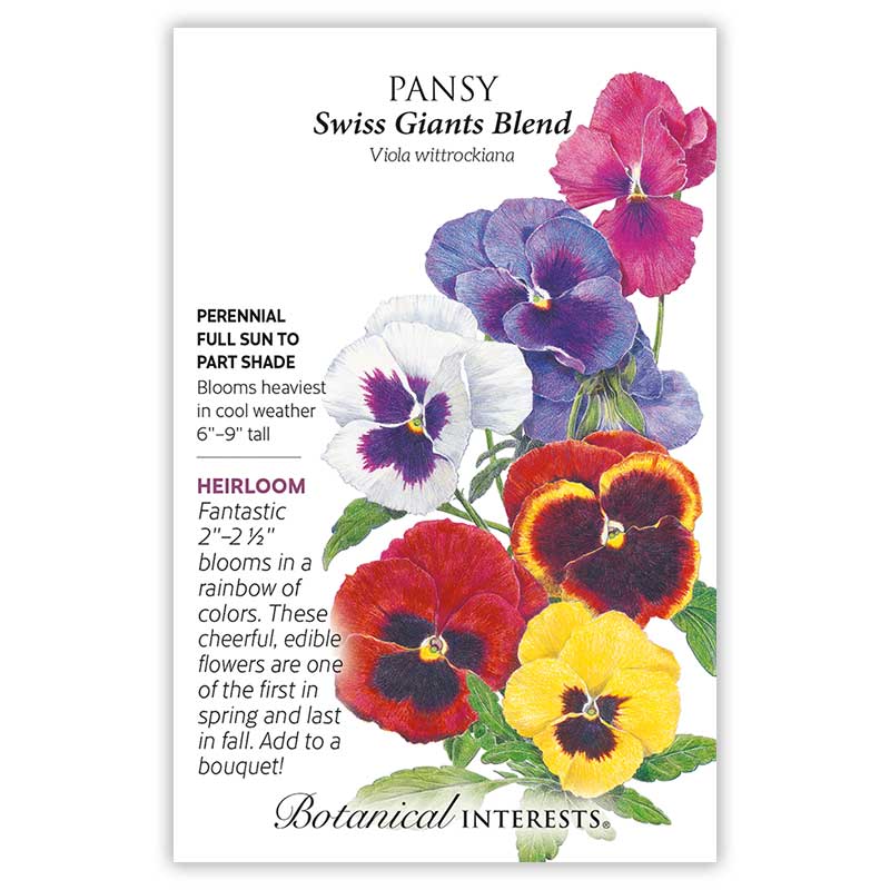 Seed packet for Pansy Swiss Giants Blend with colorful pansies and botanical information.