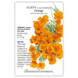 Front of a Botanical Interests seed packet for Orange California Poppy Seeds featuring plant characteristics, planting details, and a detailed botanical illustration of bright golden-orange California poppies.