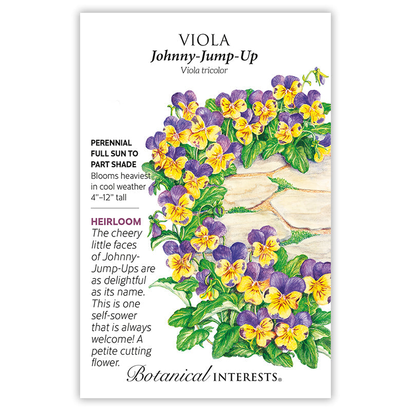 Botanical Interests seed packet for Johnny-Jump-Up Viola featuring an illustration of purple and yellow tricolor blooms spilling over a stone path, with printed text noting it's a perennial, full sun to part shade, heirloom, self-sowing cutting flower reaching 4–12 inches tall.