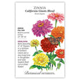 Front of a Botanical Interests seed packet for California Giants Blend Zinnia Seeds featuring plant characteristics, growing details, and a botanical illustration of bright pink, purple, orange, red, and yellow zinnia flowers with a butterfly landing on a bloom.