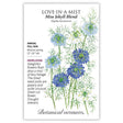 Front of a Botanical Interests seed packet for Miss Jekyll Blend Love-In-A-Mist Seeds featuring a detailed botanical  information and illustration of blue flowers and delicate lacy foliage.