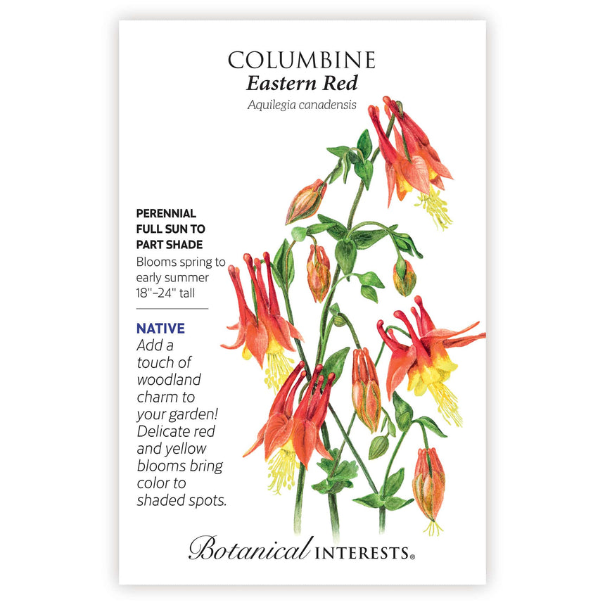 Seed packet of Eastern Red Columbine with botanical information and Eastern Red Columbine illustration