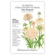 Fata Morgana Scabiosa seed packet with botanical information and the illustration of its flower