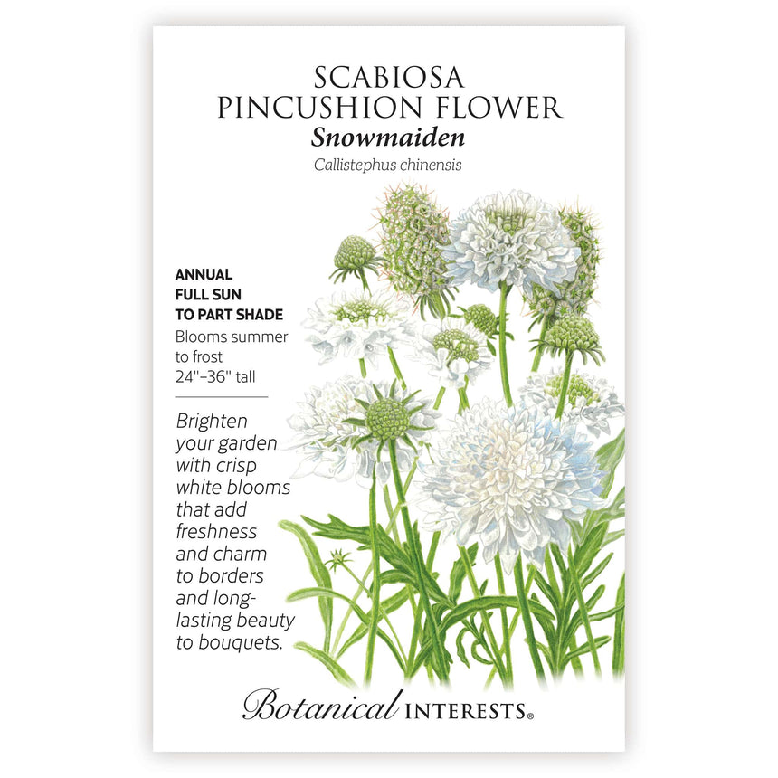 Seed packet with illustration of snowmaiden scabiosa pincushion flower with growing information.