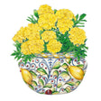 Illustration of Lemon Drop French Marigold showing pompom-shaped yellow blooms and ferny green foliage in a decorative bowl painted with lemons and a blue scroll pattern.