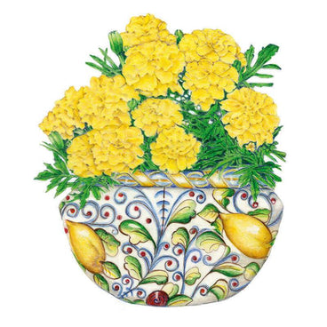 Illustration of Lemon Drop French Marigold showing pompom-shaped yellow blooms and ferny green foliage in a decorative bowl painted with lemons and a blue scroll pattern.