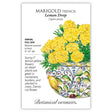 Seed packet for Lemon Drop French Marigold showing an illustration of double, lemon-yellow ruffled blooms with feathery green foliage in a decorative blue and yellow patterned bowl, with text noting it's an annual for full sun, blooming summer to frost at 6"–12" tall, good for containers, borders, mass planting, and cutting.