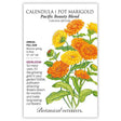 Seed packet for Pacific Beauty Blend Calendula (Pot Marigold), illustrated with a cluster of layered orange and yellow daisy-like blooms on green stems, with printed text noting it's a full-sun heirloom annual growing 12–24 inches tall that blooms spring to frost.
