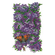 Illustration of Oriental Nights sweet alyssum showing dense clusters of tiny purple and white four-petaled flowers with green foliage, visited by an orange and black butterfly and a bee, set against a plain white background.