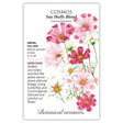 Front of an organic Botanical Interests seed packet for Sea Shells Blend Cosmos Seeds featuring botanical illustration of pink, rose, and white cosmos flowers with fluted, seashell-like petals.
