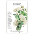 Seed packet of Dondo White Ageratum with illustration of its flower and botanical information
