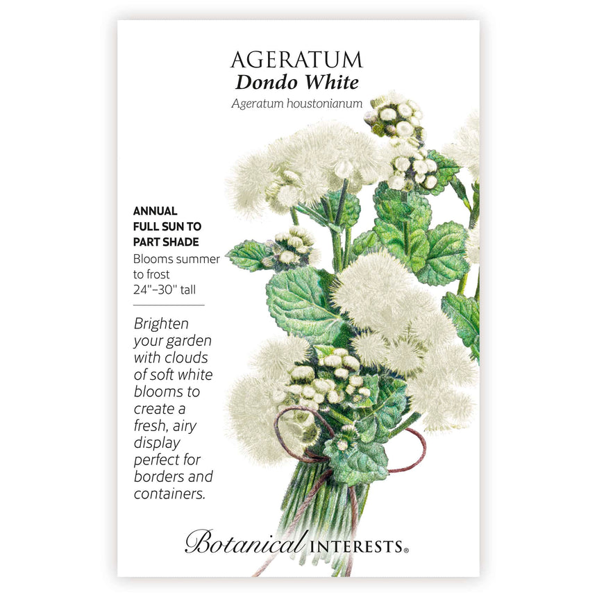 Seed packet of Dondo White Ageratum with illustration of its flower and botanical information