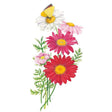 Botanical illustration of Robinson's Blend painted daisy showing a spray of daisy-like blooms in white, pink, magenta and red with yellow centres, feathery foliage, and a small yellow butterfly perched on one flower.