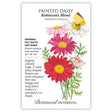 Seed packet for Painted Daisy Robinson's Blend illustrating pink, white, and red daisy-shaped flowers with yellow centers, fern-like foliage, and a yellow butterfly, with text noting it's a perennial for full sun to part shade, blooming spring to early summer, 24–36 inches tall.