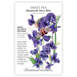 Seed packet of Mammoth Navy Blue Sweet Pea with botanical information and the illustration of its flower