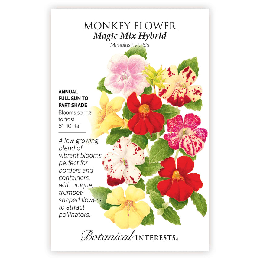 Seed packet of Magic Mix Monkey Flower with colorful flower illustrations and botanical information