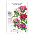Seed packet for Double Blend Sweet William featuring an illustration of five clustered flower heads in white, crimson, pink, and magenta with fringed petals on green foliage, alongside text noting it's a biennial for full sun to part shade, blooming 12-20 inches tall from spring to early summer.