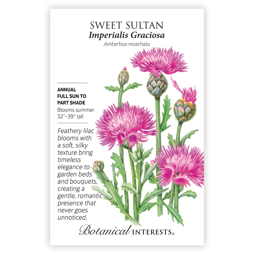 Sweet Sultan Imperialis Graciosa seed packet with botanical illustration and botanical information.