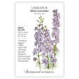 Larkspur Misty Lavender seed packet with botanical illustration and botanical information on a white background