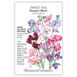 Seed packet for Bouquet Blend Sweet Pea featuring an illustration of ruffled blooms in crimson, pink, lavender, and blue on long stems, with text noting it's an annual for full sun to part shade, blooming spring/summer on 8-foot vines.