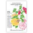 Seed packet for Chater's Double Blend hollyhock featuring a botanical illustration of tall stems with peony-shaped double blooms in yellow, pink, and red visited by a small butterfly, alongside text noting it's a biennial, full-sun, heirloom variety growing 5–8 feet tall with summer blooms.