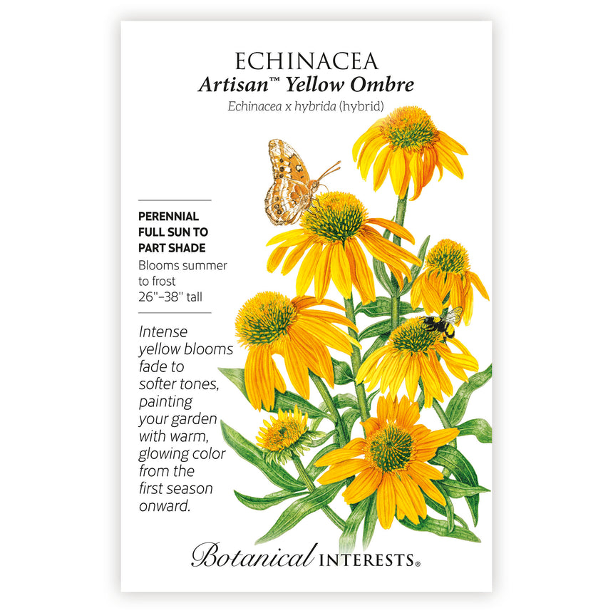 Seed packet for Artisan Yellow Ombre Echinacea with yellow flowers and botanical details.