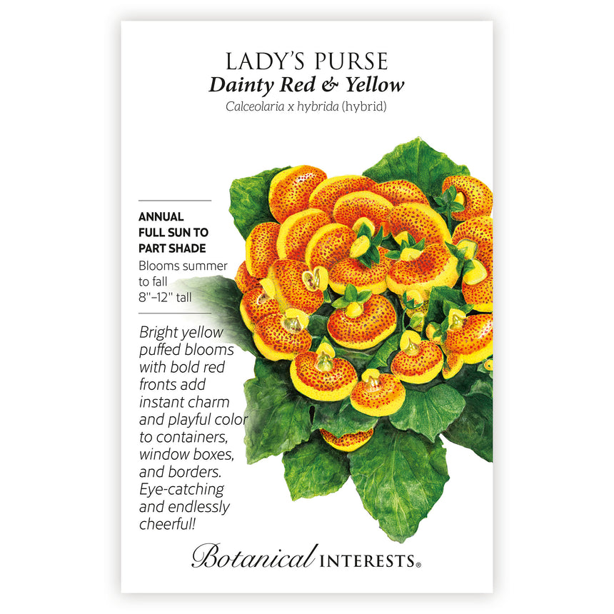 Seed packet for Dainty Red & Yellow Lady's Purse with red and yellow flowers and green leaves, with botanical information.
