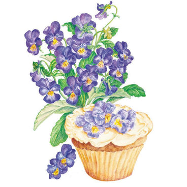 Illustration of King Henry viola with clusters of deep purple, yellow-throated flowers and green foliage, plus crystallised violet blooms decorating an iced cupcake, on a white background.