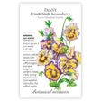Frizzle Sizzle Lemonberry Pansy seed packet with botanical illustration and botanical information on a white background