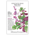 Seed packet for Ruby Moon Hyacinth Bean featuring a botanical illustration of a climbing vine with amethyst flower clusters and glossy deep purple bean pods among green leaves, alongside printed text noting it's an heirloom annual for full sun to part shade, blooming summer to frost as a 10-20 foot vine.