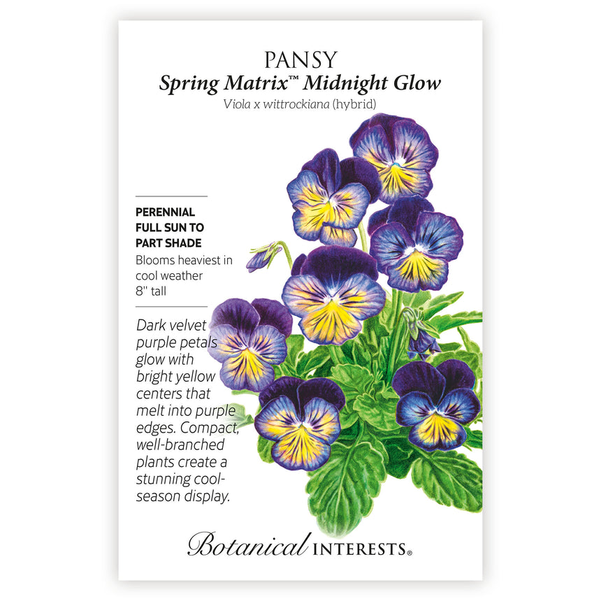 Pansy 'Spring Matrix Midnight Glow' seed packet with botanical illustration and growing information.