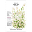 Botanical Interests seed packet for Bunny Tails Grass (Lagurus ovatus) illustrated with clusters of fuzzy, oval white-and-green flower heads on slender green stems, with printed text noting it's an heirloom annual for full sun to part shade, blooming summer to frost, growing 10–20 inches tall, and suited to fresh-cut or dried arrangements.