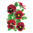 A botanical illustration of four red Matrix® Red Blotch Pansies with dark centers and green leaves on a plain white background.