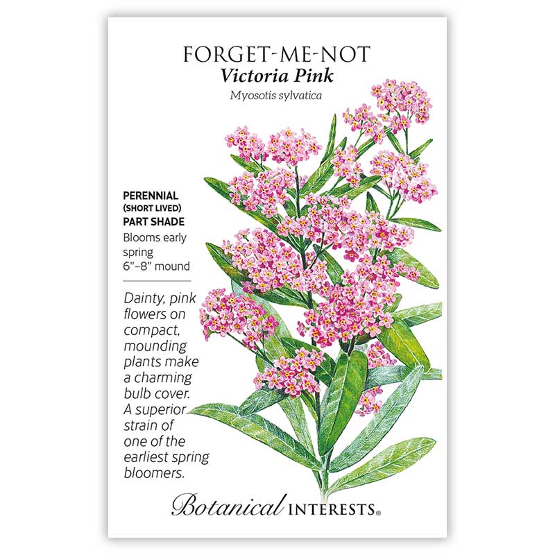 Seed packet for Victoria Pink Forget-Me-Not featuring a botanical illustration of small pink five-petaled flower clusters with yellow centers on green stems, with text noting it's a part-shade perennial blooming early spring as a 6–8 inch mound.