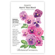 Seed packet for Pansy Matrix Rose Blotch with floral illustration and botanical information.
