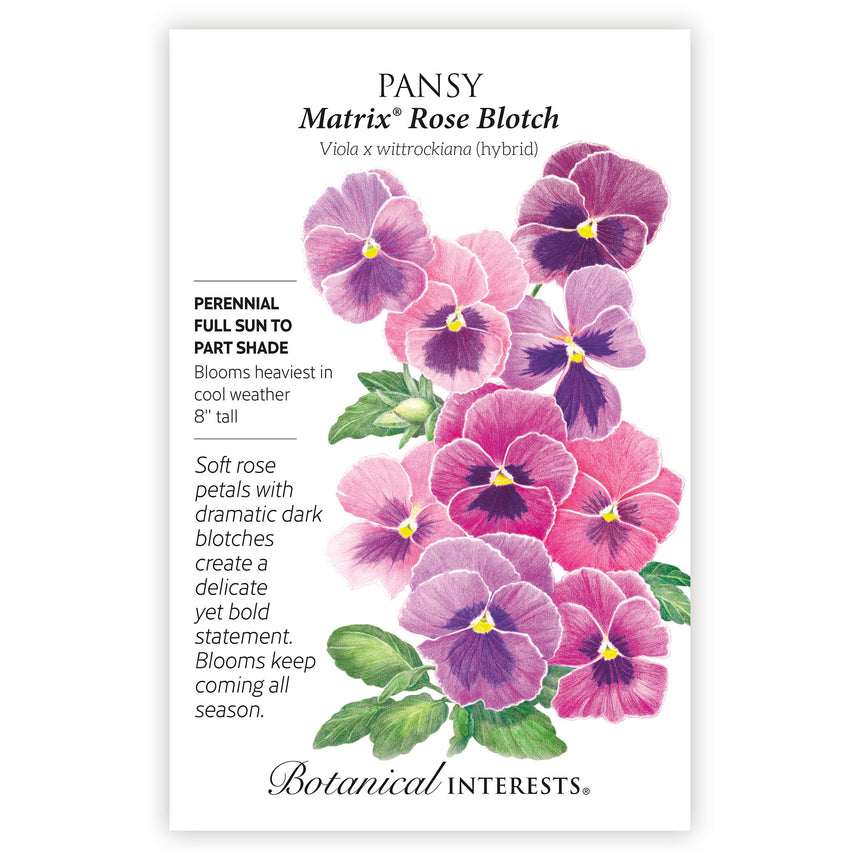 Seed packet for Pansy Matrix Rose Blotch with floral illustration and botanical information.