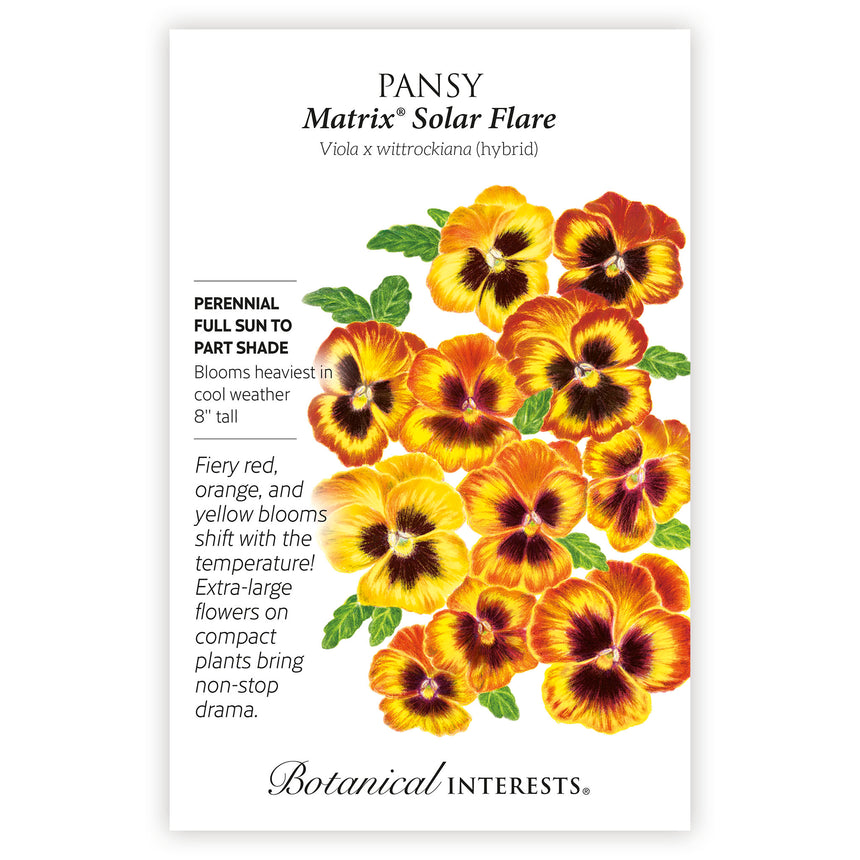 Pansy Matrix Solar Flare seed packet with colorful pansies and botanical information.