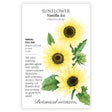 Seed packet for Vanilla Ice sunflower illustrated with three pale creamy-yellow blooms with dark centers and green foliage, alongside text noting it's an annual for full sun, blooming summer to frost, growing 5 feet tall.