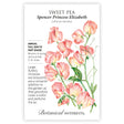Spencer Princess Elizabeth Sweet Pea seed packet with pink Spencer Princess Elizabeth Sweet Pea flowers and botanical details on a white background