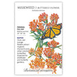 Botanical Interests seed packet for Milkweed Butterfly Flower (Asclepias tuberosa), illustrated with clusters of vivid red-orange blooms and a monarch butterfly, with text noting it's a native perennial for full sun, blooming summer at 24–36 inches tall, ideal for wildflower and butterfly gardens.