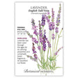 Seed packet for English Tall/Vera Lavender featuring a watercolor illustration of tall purple lavender spikes, with text noting it's a full-sun perennial heirloom blooming 24–36 inches tall, prized for its fragrance and use as a cut flower.