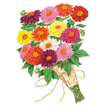 Illustrated bouquet of double-bloomed dahlias in mixed colours including red, orange, yellow, pink, white and deep purple, tied with twine into a paper-wrapped stem bundle against a white background.