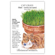 Front of an organic Botanical Interests seed packet for Cat Grass Seeds displaying plant characteristics and a botanical illustration of lush green cat grass growing in a terracotta pot above an orange tabby cat.
