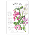 Botanical Interests seed packet for Perennial Blend Sweet Pea, illustrated with clustered white, pink, violet, and mauve flowers on lush climbing vines, with printed text noting it's a full sun to part shade heirloom perennial blooming spring to fall on 6-9 foot vines.